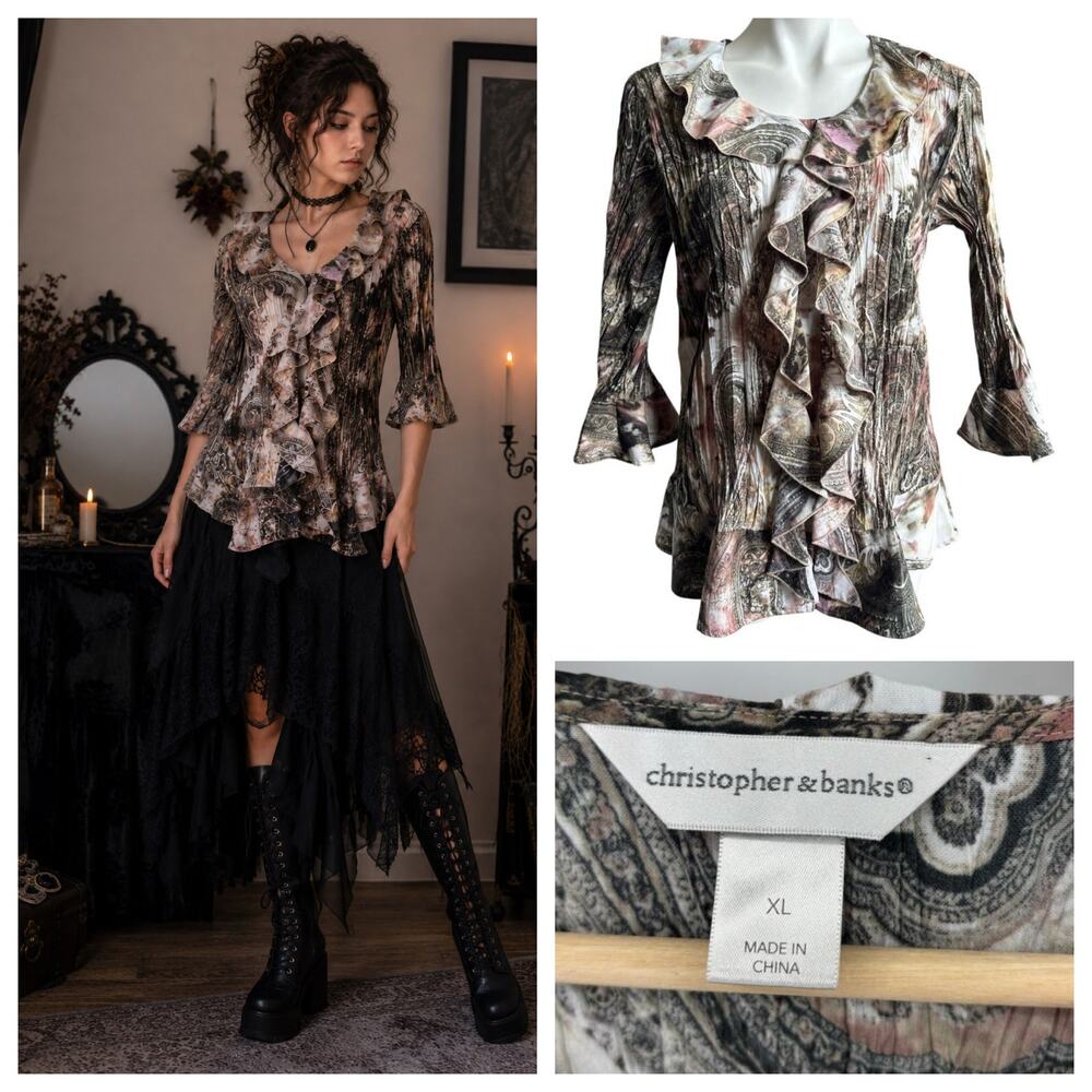 Christopher Banks Paisley Ruffle Top XL Bell Sleeve Plisse Whimsigoth Boho